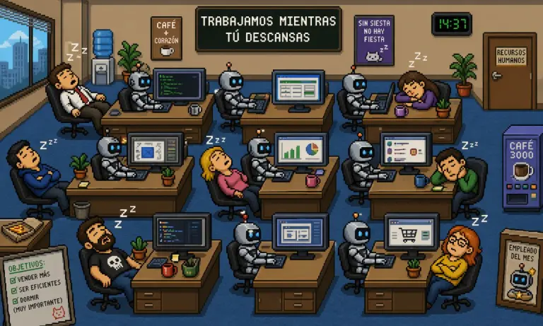 imagen de una oficina al estilo 8 bits en la que se vea a todos los empleados echándose una siesta mientras sus ordenadores están funcionando con robots