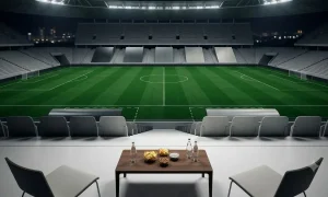 Imagen creada con IA en la cual aparece una cancha siendo vista por unas sillas que dan para la cancha de fútbol con el fin de representar los errores que hay en las campañas publicitarias durante el mundial de 2026.