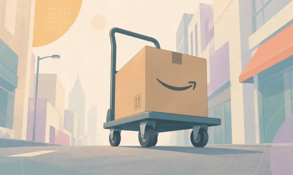 vista a ras de suelo, un carrito transportador de cargas, tipico de almacen, llevando una caja con el logo de amazon por la calle