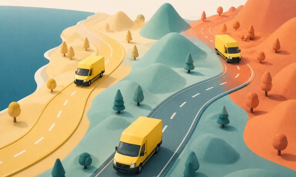 Imagen creada con IA de tres camionetas de reparto de mercado libre experience posicionadas en una ruta distinta.