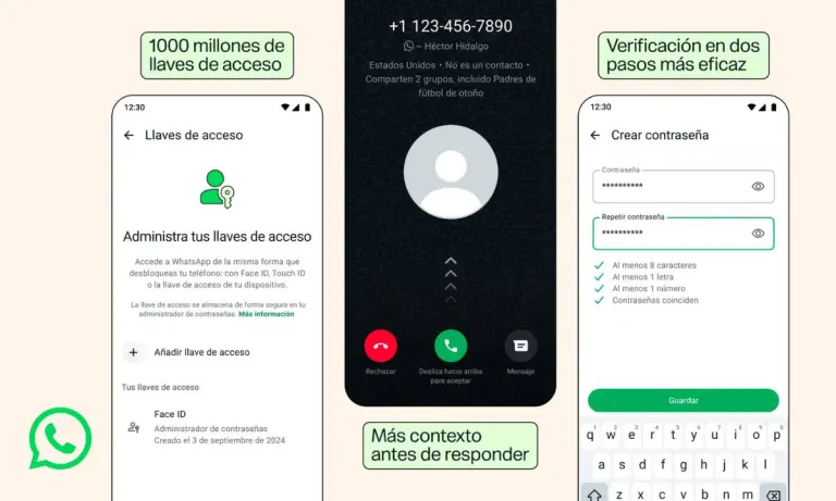 Sobre un fondo color crema, aparecen las ilustraciones de tres móviles en cuyas pantallas se muestran las novedades de seguridad de WhatsApp.